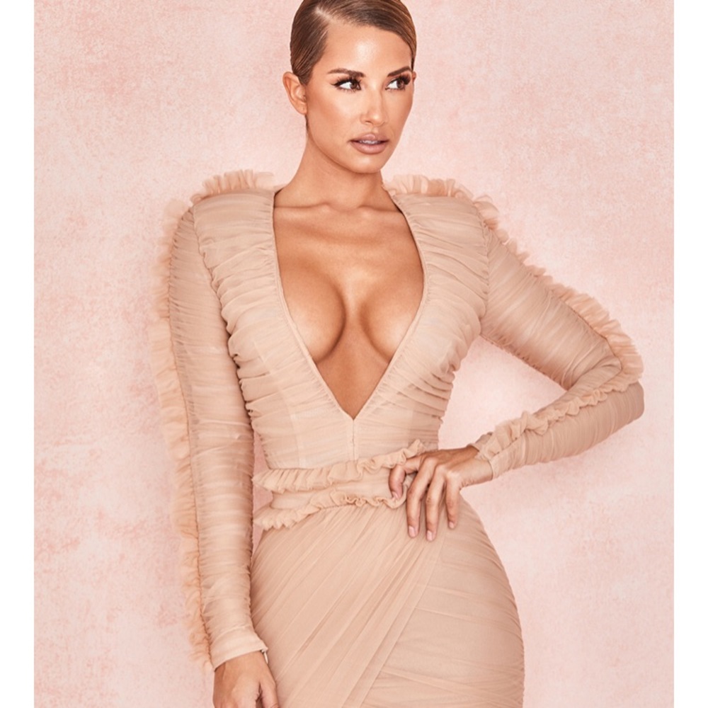 Freddi blush tule pleated deep V neck Dress